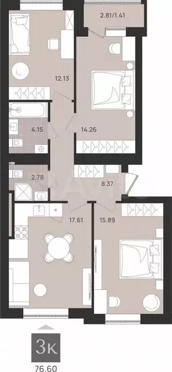 3-к. квартира, 76,6м, 3/9эт. - Фото 1