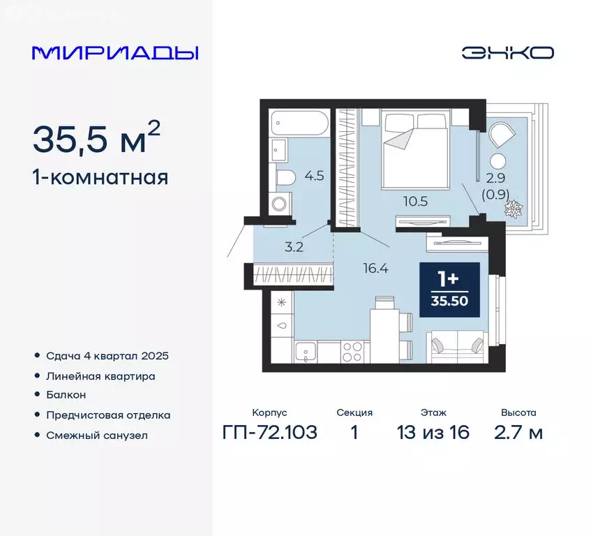 1-комнатная квартира: Тюмень, ЖК Мириады (35.5 м) - Фото 0