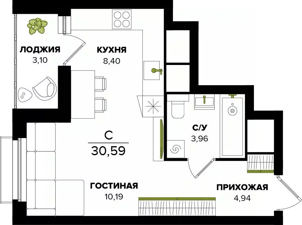 Студия Тульская область, Тула  (30.59 м) - Фото 0