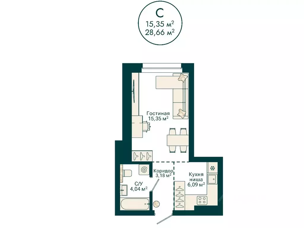 Студия Башкортостан, Уфа Сердце Уфы жилой комплекс (28.66 м) - Фото 2