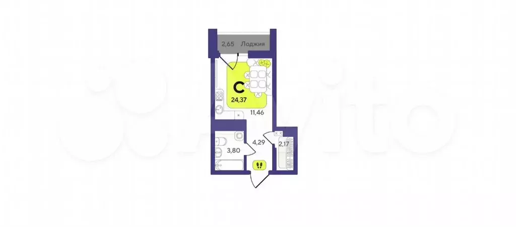 Квартира-студия, 24,4 м, 2/17 эт. - Фото 1