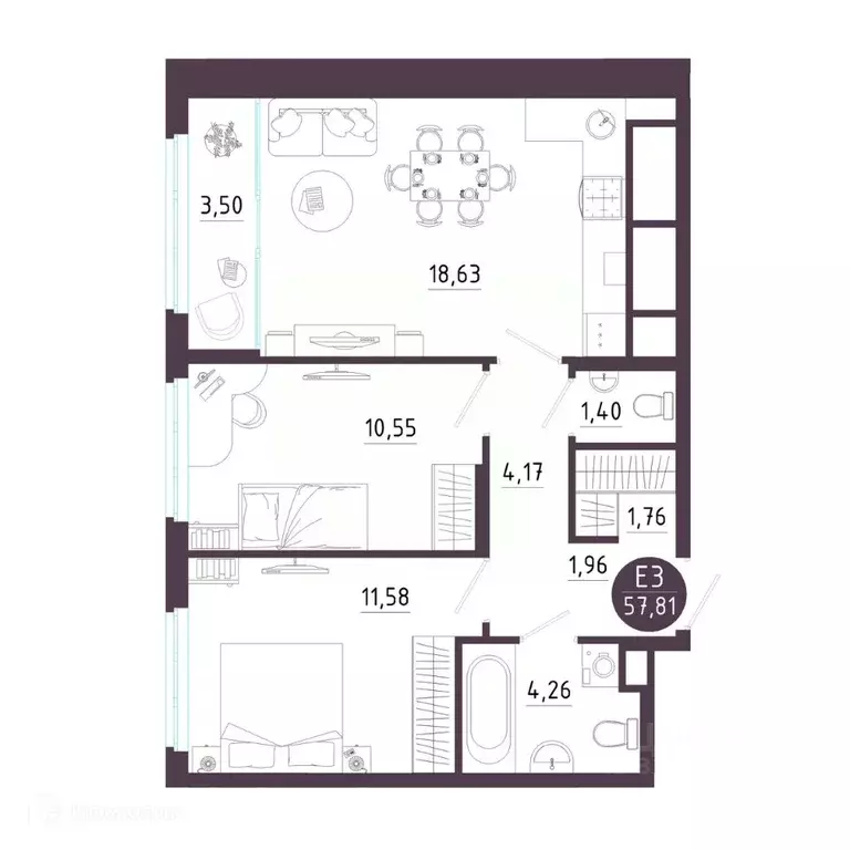 2-к кв. Рязанская область, Рязань Московское ш. (57.81 м) - Фото 0