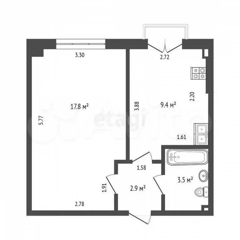 1-к. квартира, 42,5 м, 3/3 эт. - Фото 0