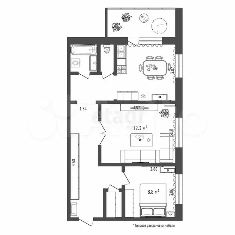 2-к. квартира, 52,5 м, 5/9 эт. - Фото 0