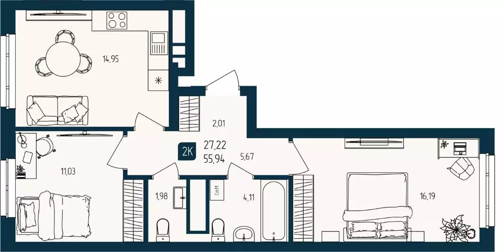 2-к кв. Тюменская область, Тюмень  (55.94 м) - Фото 1
