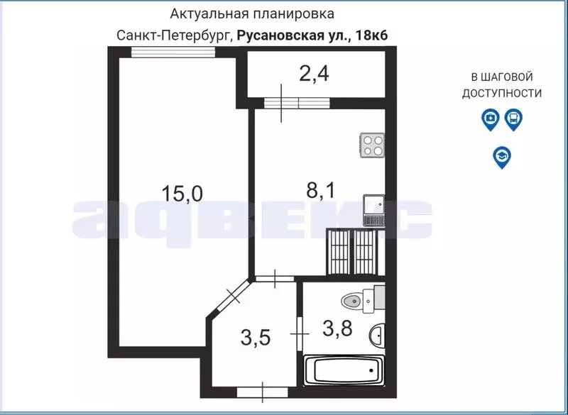 1-комнатная квартира: Санкт-Петербург, Русановская улица, 18к6 (31 м) - Фото 0