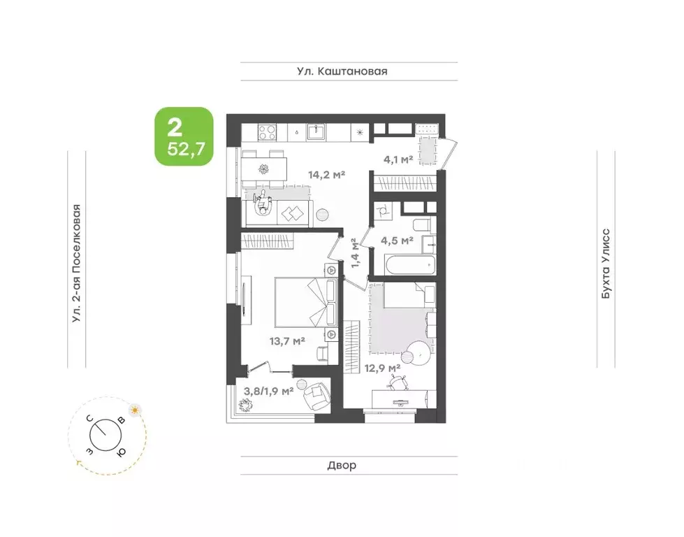 2-к кв. Приморский край, Владивосток ул. 3-я Поселковая, 16/1 (52.7 м) - Фото 1