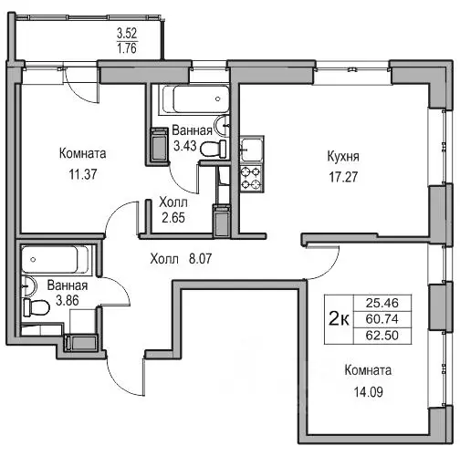 2-к кв. Санкт-Петербург ул. Ивинская, 1к1 (60.74 м) - Фото 0