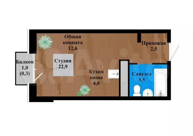 Квартира-студия, 22,9 м, 4/12 эт. - Фото 0