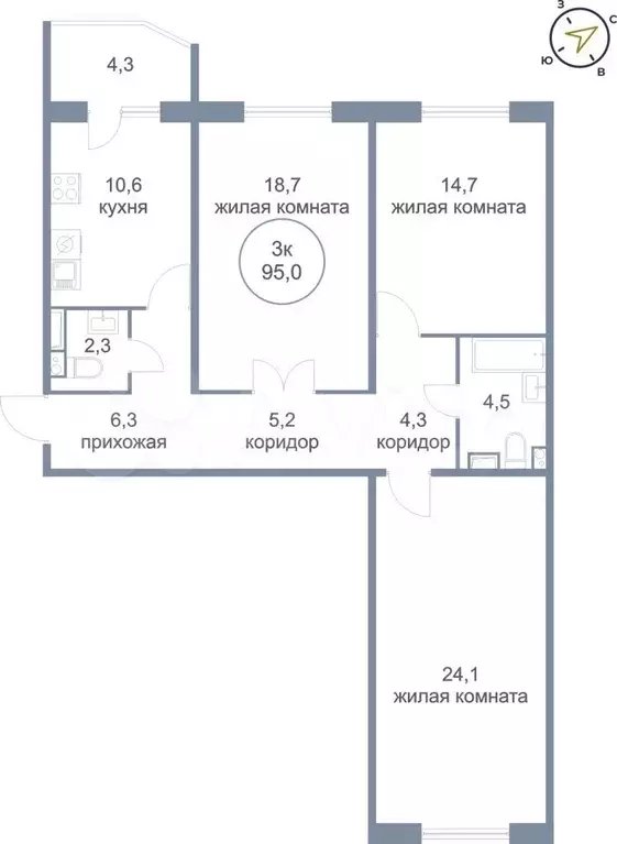 3-к. квартира, 95 м, 12/21 эт. - Фото 0