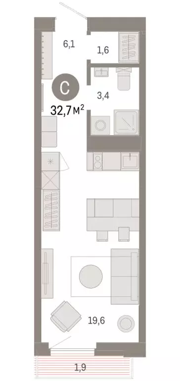 Квартира-студия: Тюмень, жилой комплекс Зарека (32.72 м) - Фото 1