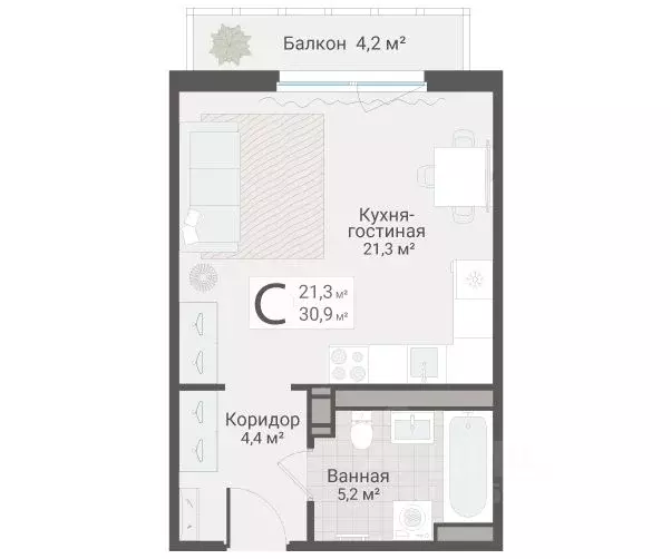 Студия Санкт-Петербург Актерский проезд, 2к2 (30.9 м) - Фото 1