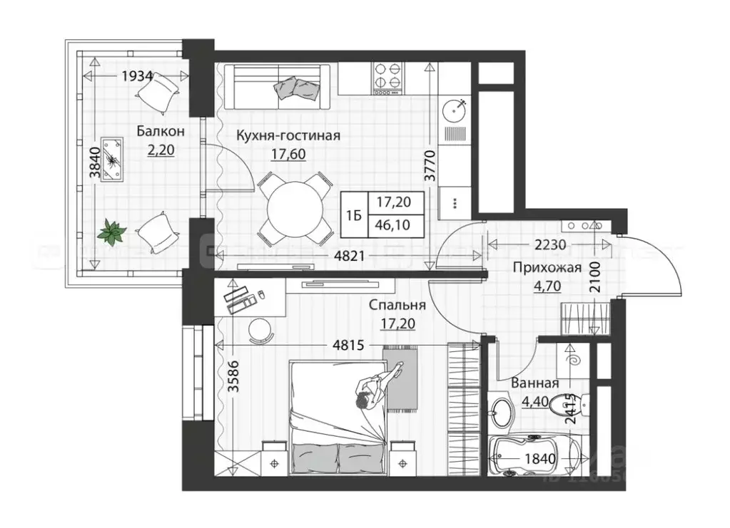 1-к кв. Татарстан, Казань Московская ул. (46.1 м) - Фото 0