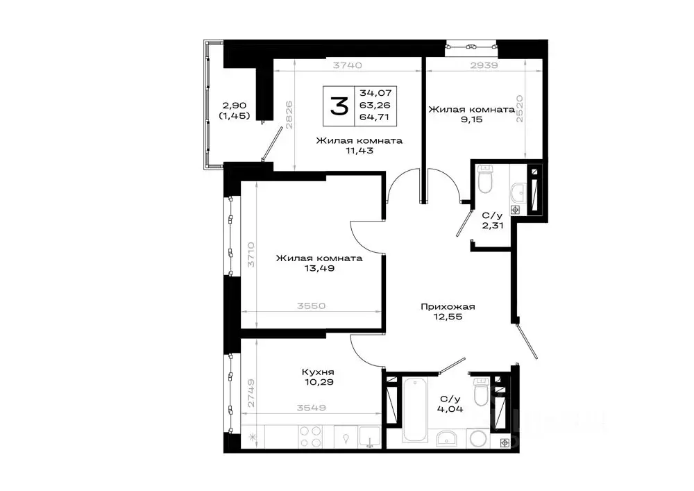 3-к кв. Ростовская область, Ростов-на-Дону Нефтекачка кв-л,  (64.71 м) - Фото 1