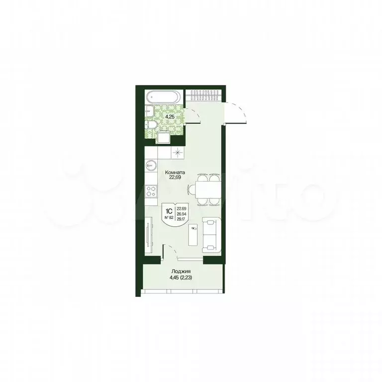 Квартира-студия, 29,2 м, 4/4 эт. - Фото 0