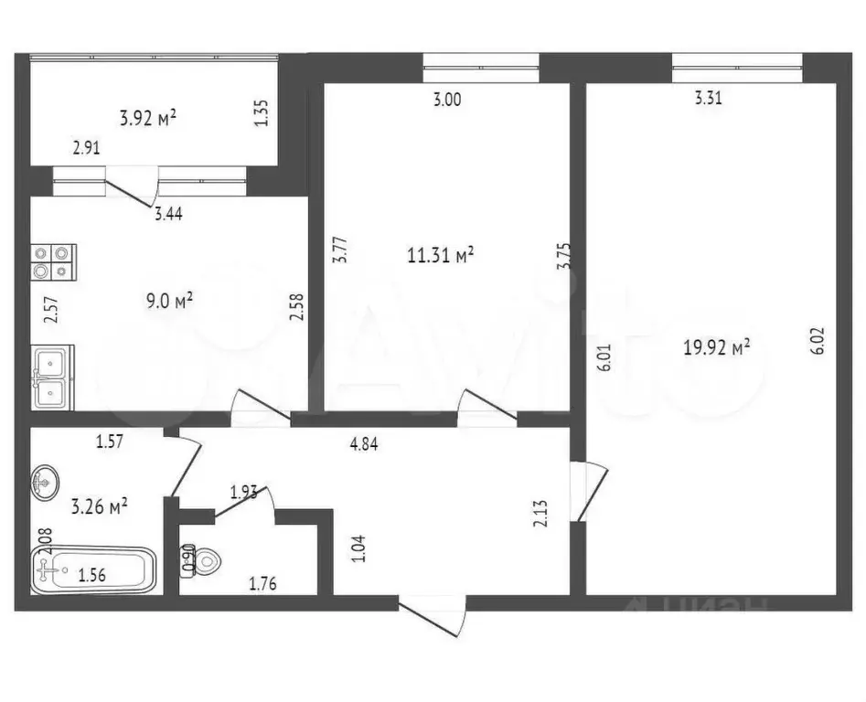 2-к. квартира, 53,4 м, 5/9 эт. - Фото 0