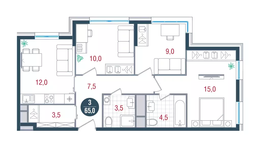 3-к квартира, 65 м - Фото 0