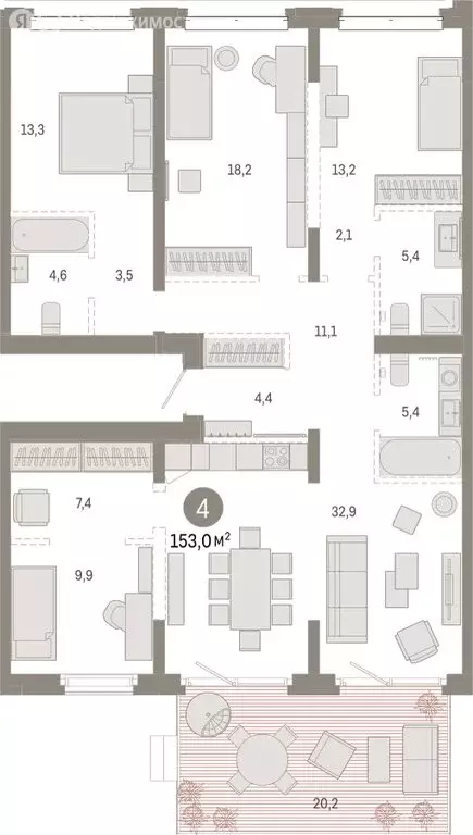 4-комнатная квартира: Тюмень, жилой комплекс На Минской (152.95 м) - Фото 1