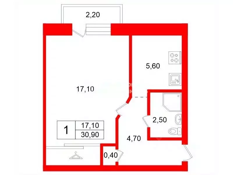 1-к кв. Санкт-Петербург ул. Ленсовета, 40 (30.9 м) - Фото 2