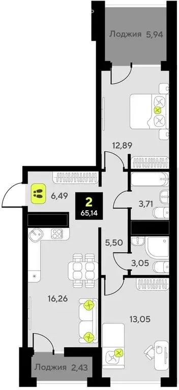 2-комнатная квартира: Тюмень, жилой комплекс Мотивы (65.14 м) - Фото 0