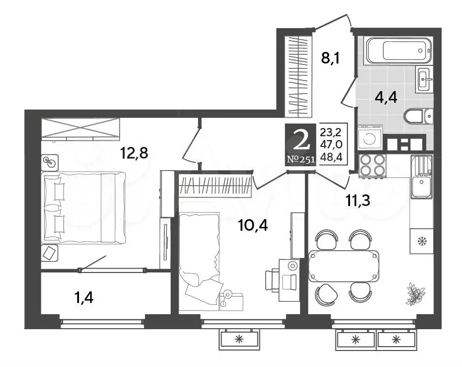 2-к. квартира, 48,4 м, 4/9 эт. - Фото 1