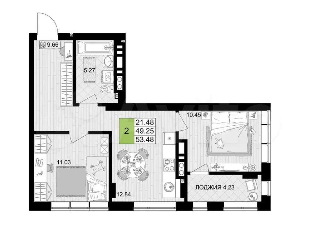 2-к. квартира, 53,5 м, 2/7 эт. - Фото 1