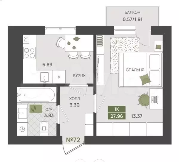 1-к. квартира, 28 м, 4/5 эт. - Фото 1
