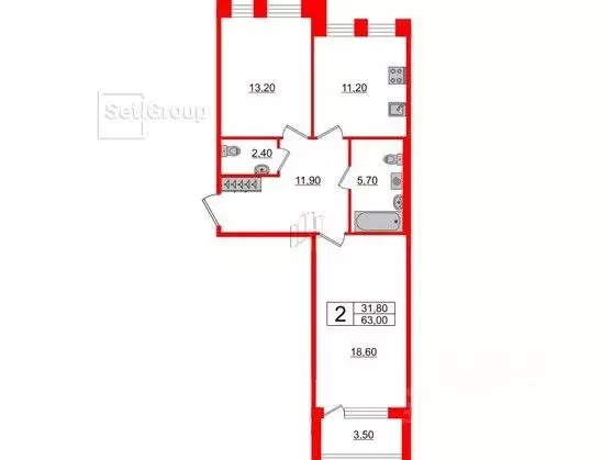 2-к кв. Санкт-Петербург Манчестерская ул., 5к1 (62.1 м) - Фото 0