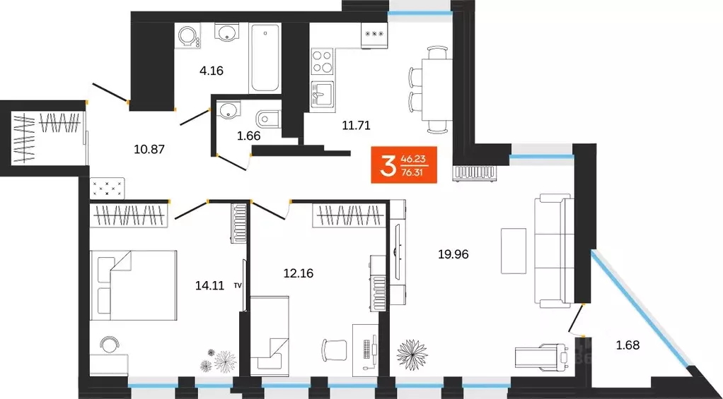 3-к кв. Башкортостан, Уфа ул. Султанова, 28 (76.31 м) - Фото 1