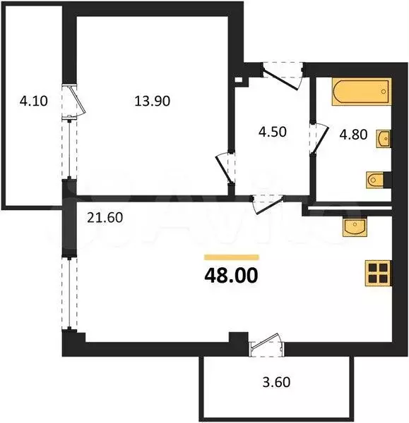 1-к. квартира, 48 м, 9/9 эт. - Фото 1