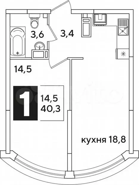 1-к. квартира, 40,3м, 15/16эт. - Фото 1