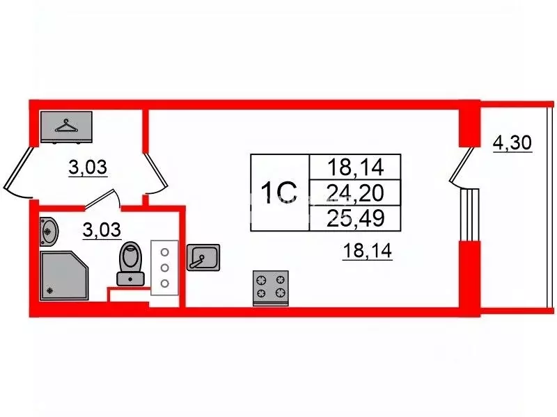 Студия Санкт-Петербург Фарфоровская ул., 7к2 (25.49 м) - Фото 1