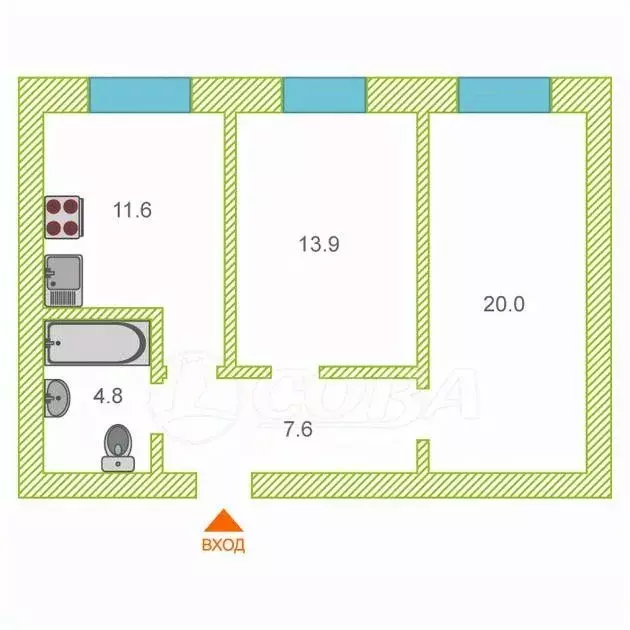 2-к кв. Тюменская область, Тюмень ул. Республики, 204к11 (57.9 м) - Фото 1