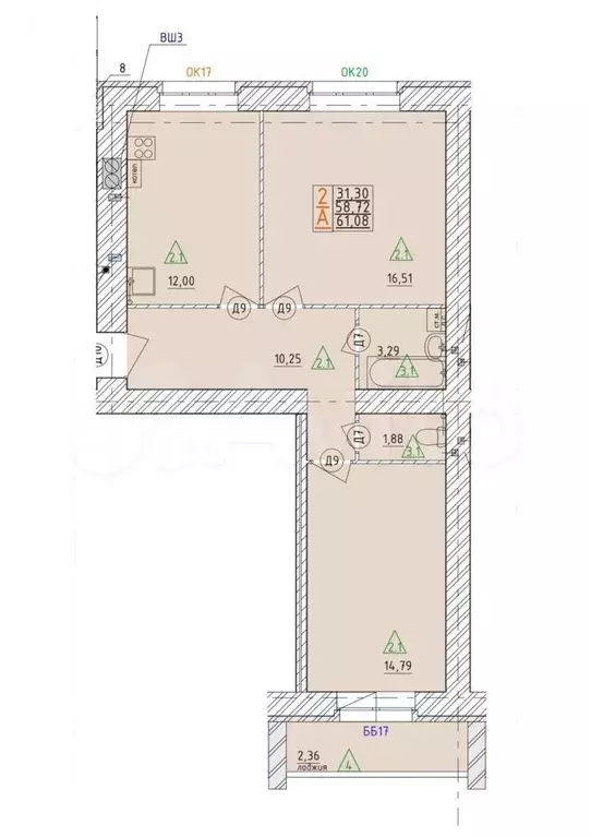 2-к. квартира, 61,1м, 4/5эт. - Фото 0