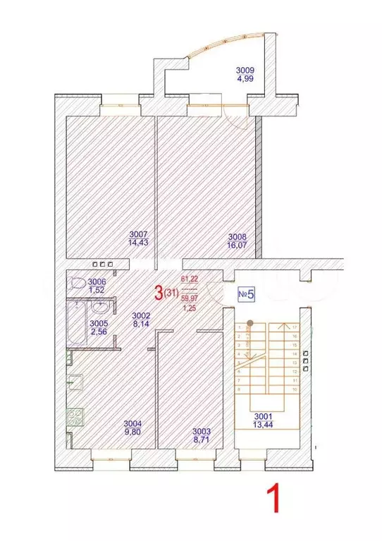 3-к. квартира, 62,9м, 3/5эт. - Фото 1