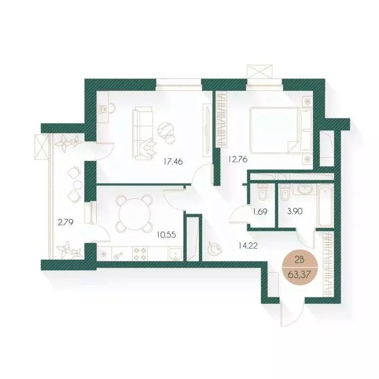 2-к кв. Татарстан, Казань Родины мкр, Наследие жилой комплекс (63.37 ... - Фото 1