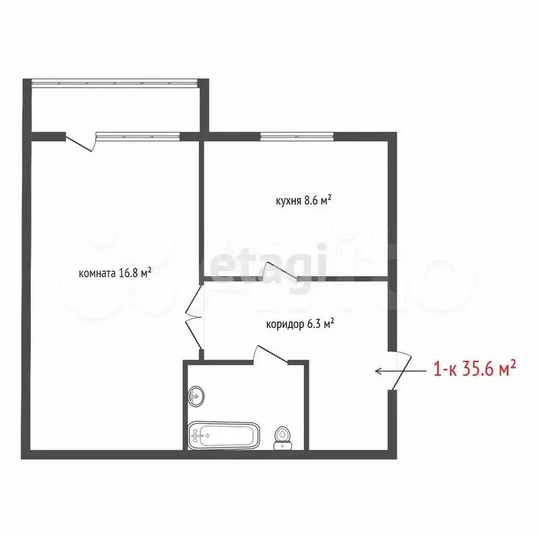 1-к. квартира, 35,6 м, 5/5 эт. - Фото 0