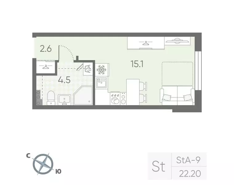Квартира-студия: посёлок Шушары, ЖК Пулково Lake (22.2 м) - Фото 1