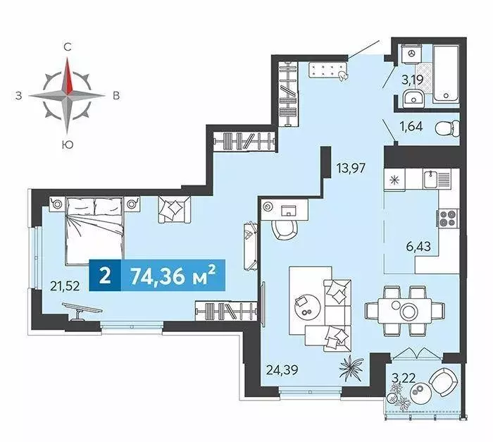Квартира, 2 комнаты, 74.36 м - Фото 0