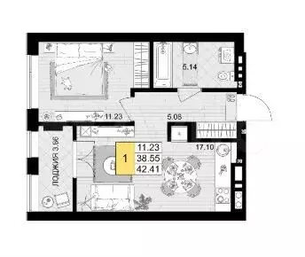 1-к. квартира, 42 м, 5/9 эт. - Фото 1