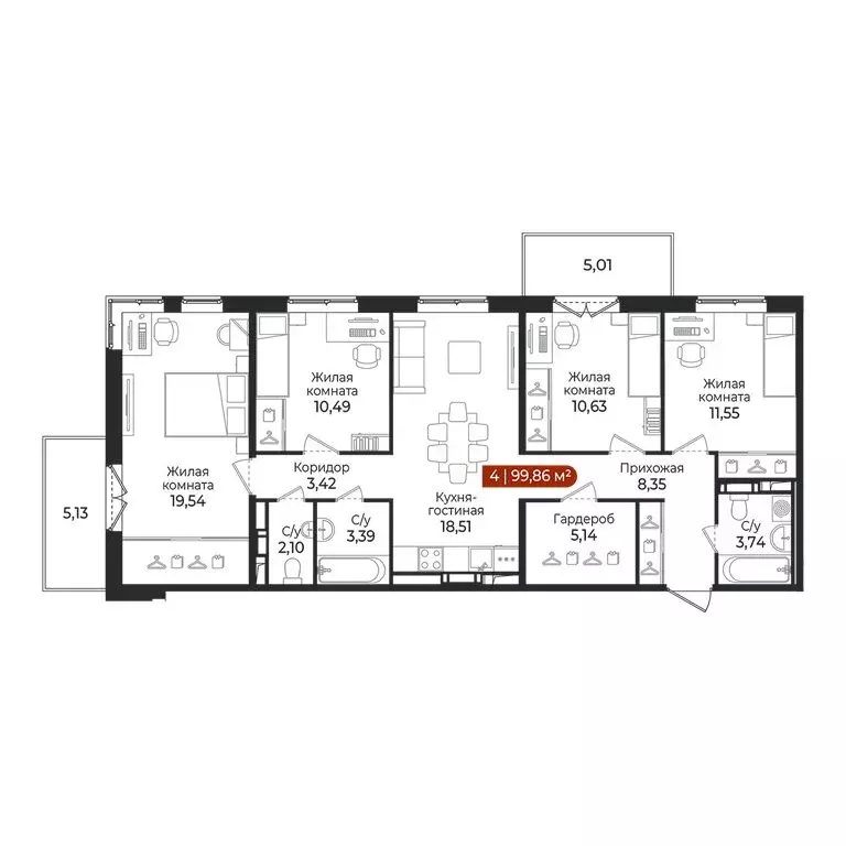 4-комнатная квартира: Всеволожский район, посёлок Щеглово (99.86 м) - Фото 1