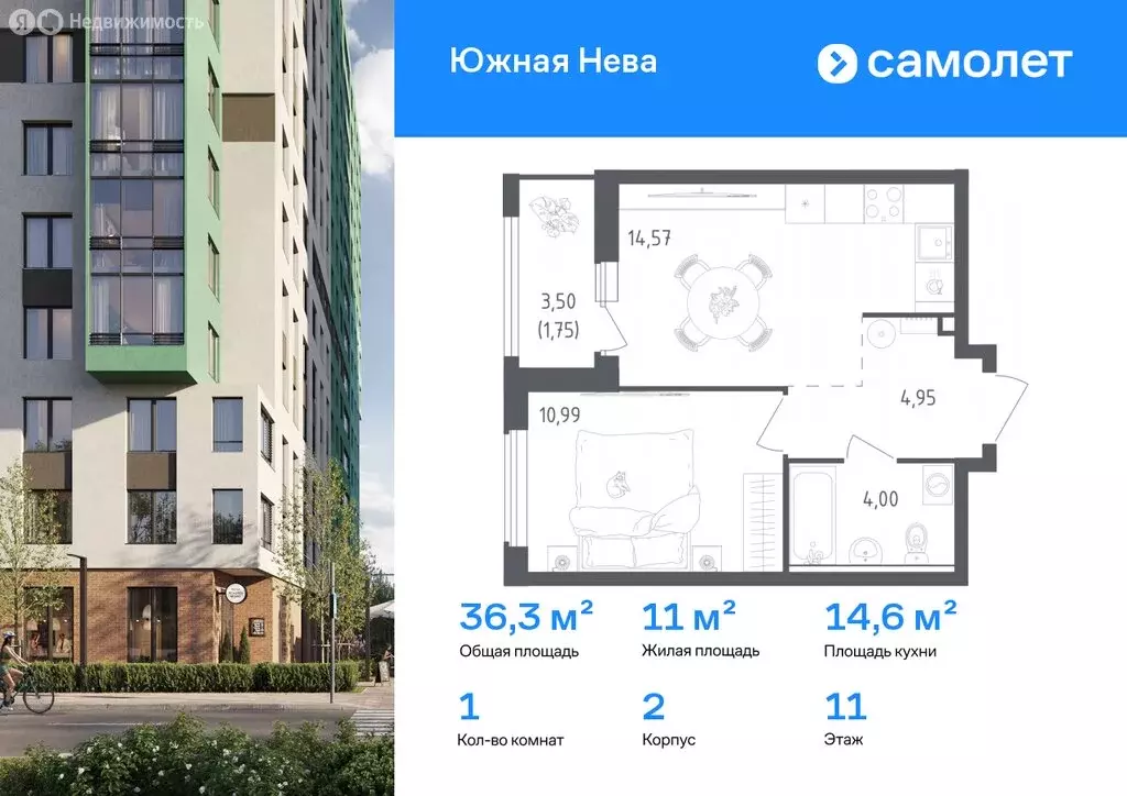 1-комнатная квартира: Новосаратовка, жилой комплекс Южная Нева (36.3 ... - Фото 0