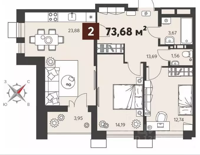2-к кв. Пензенская область, Пенза Ньютон жилой комплекс (73.68 м) - Фото 1