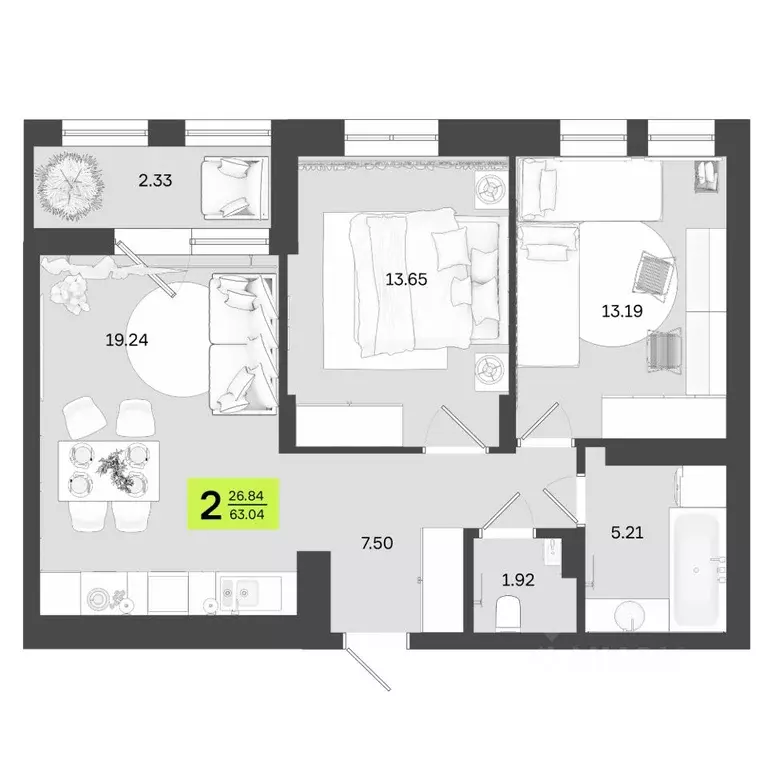 2-к кв. Башкортостан, Уфа ул. Акназарова, 20 (63.04 м) - Фото 0