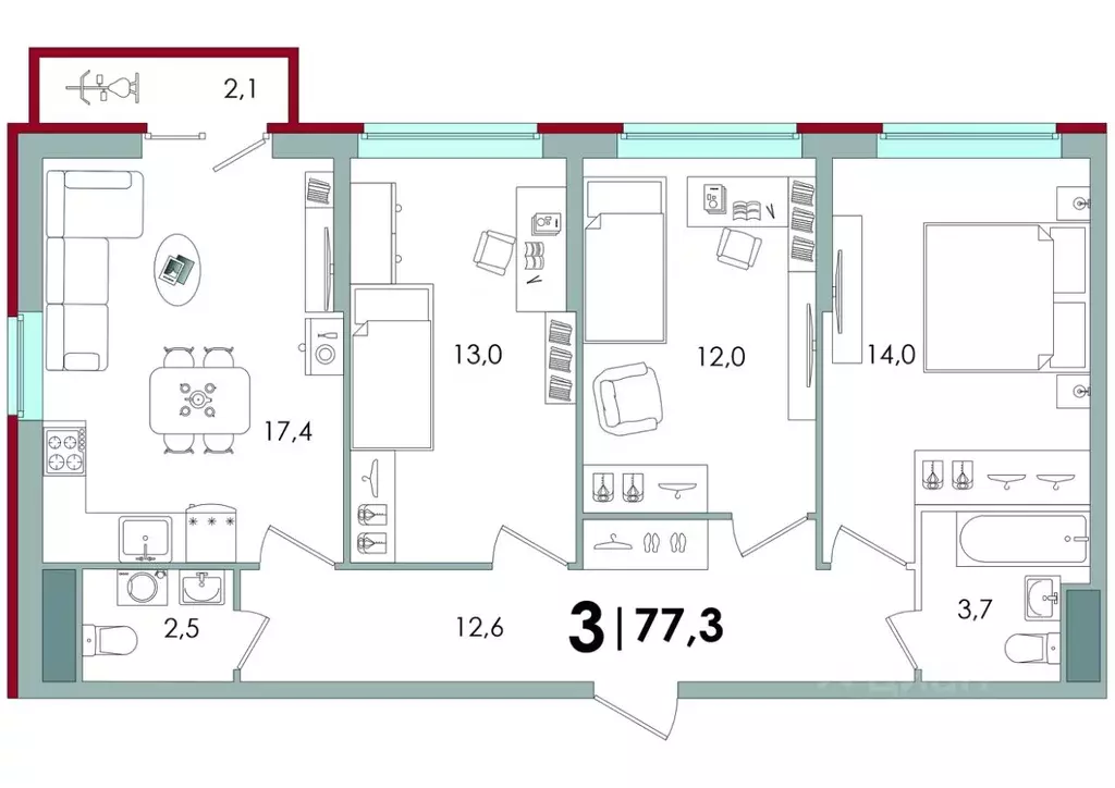3-к кв. Тверская область, Тверь ул. С.Я. Лемешева, 6 (77.3 м) - Фото 1