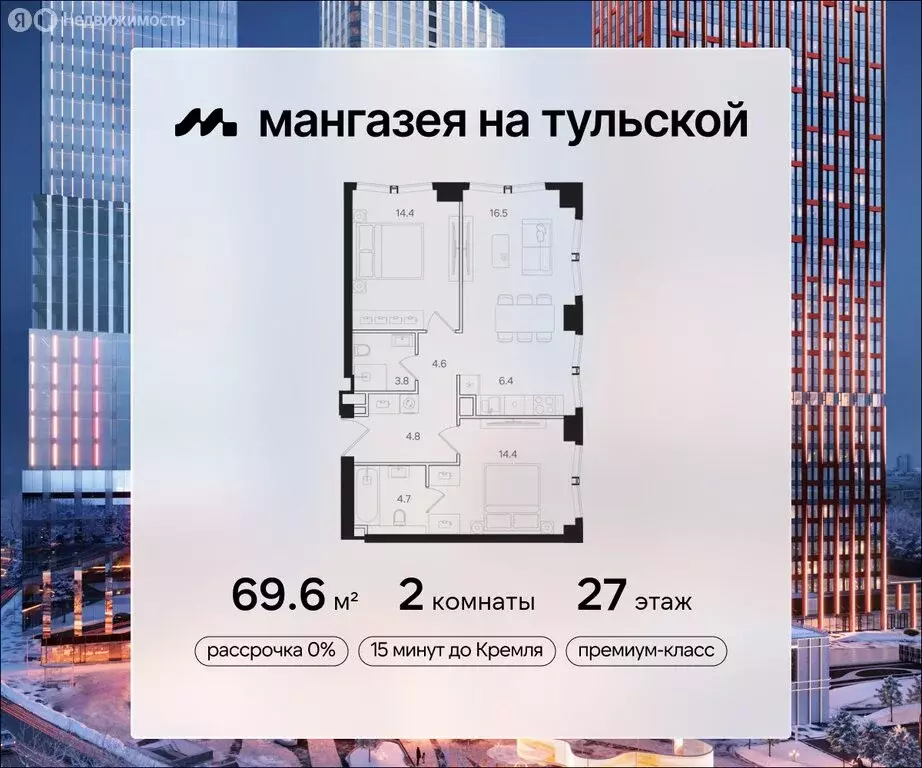 2-комнатная квартира: Москва, ЖК Мангазея на Тульской (69.6 м) - Фото 0