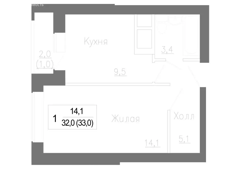 1-комнатная квартира: деревня Сабурово, жилой комплекс ЗаМитино (32.6 ... - Фото 0