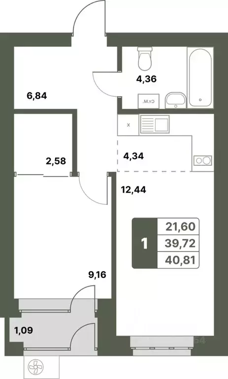 1-к кв. Башкортостан, Уфимский район, с. Миловка  (40.81 м) - Фото 1