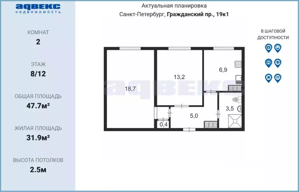 2-к кв. Санкт-Петербург Гражданский просп., 19К1 (47.7 м) - Фото 1