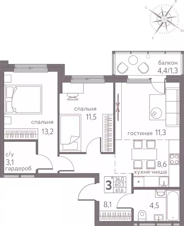 Студия Пермский край, Пермь ул. Серебристая, 3 (61.6 м) - Фото 1